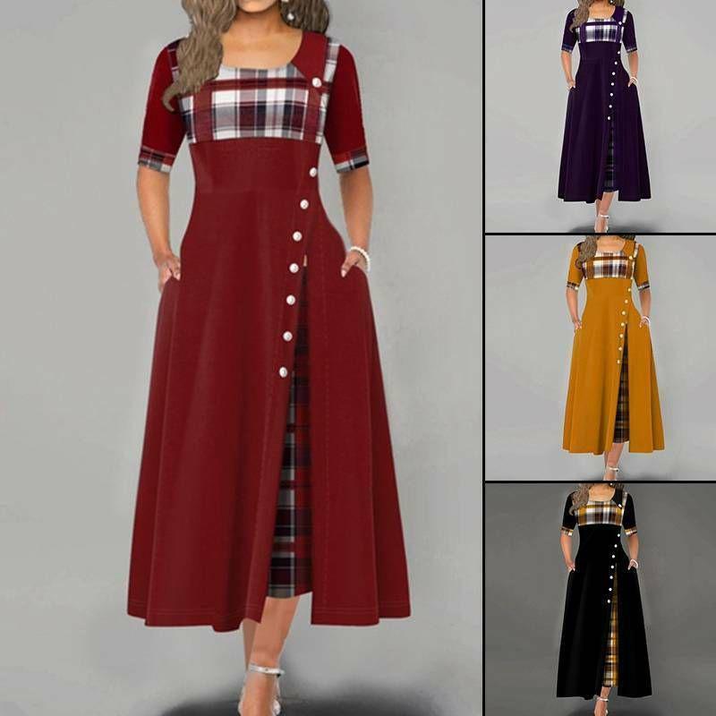 Women Casual Irregular Plaids Button Maxi Dress Half Sleeve Plus Dress Size