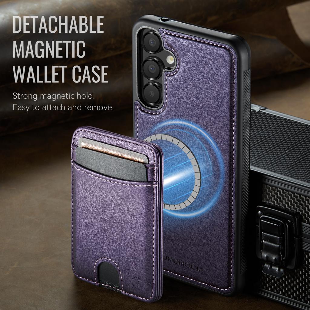 For Samsung Galaxy A55 5G Magnetic Case JEEHOOD J10 Leather Back Phone Cover with Detachable Card Holder Kickstand