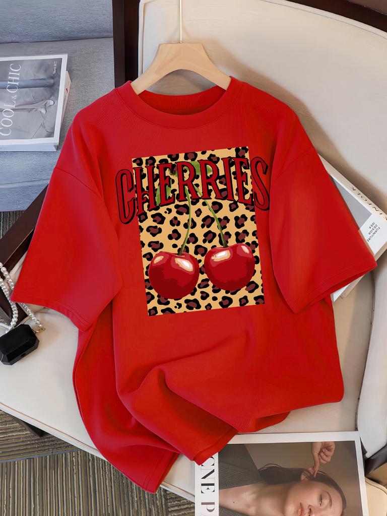 Leopard Cherry Leopard Print Creative Design Womens Tee Shirts Casual T Shirt Summer Round-Neck Streetwear Soft Short Sleeve