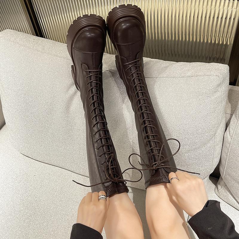 Платформенные ботинки на шнуровке Женские осенне-зимние новые эластичные подчеркивают стройность и увеличивают рост Маленький человек до колена Длинные рыцарские сапоги