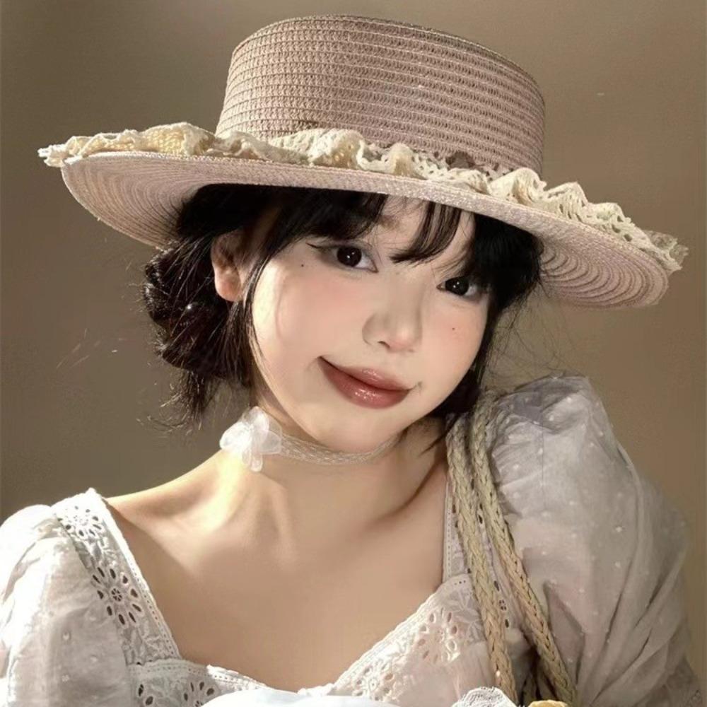 Шляпа-цилиндр из соломы с широкими полями, японский стиль, женская солнцезащитная шляпа, простая кепка с кружевной цветочной отделкой, женская