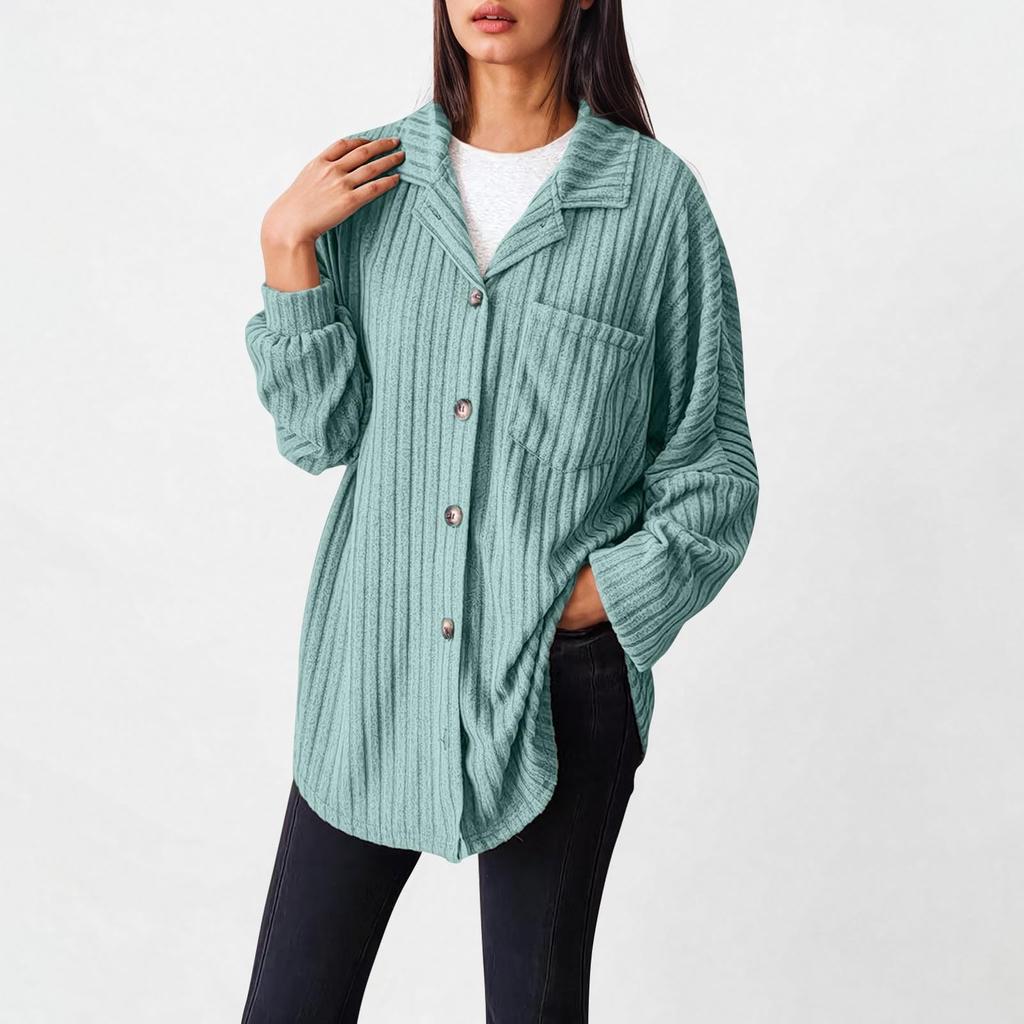 Women's Loose Fit Sleeve Ribbed Knit Button Down Shirt Shacket Boyfriend Shirt Jackets Tops