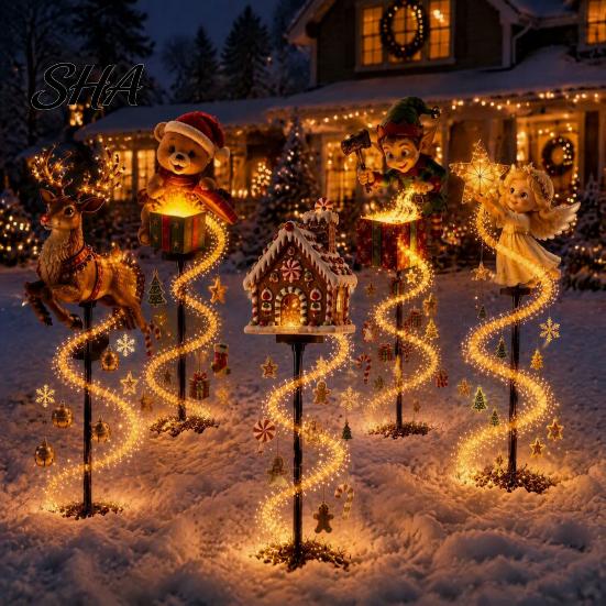 Creative Lawn Stakes for Parties Solar Christmas Garden Stake Light, Cute Gingerbread House/Elf Boy/Bear Outdoor Waterproof Lights Pathway Lamp