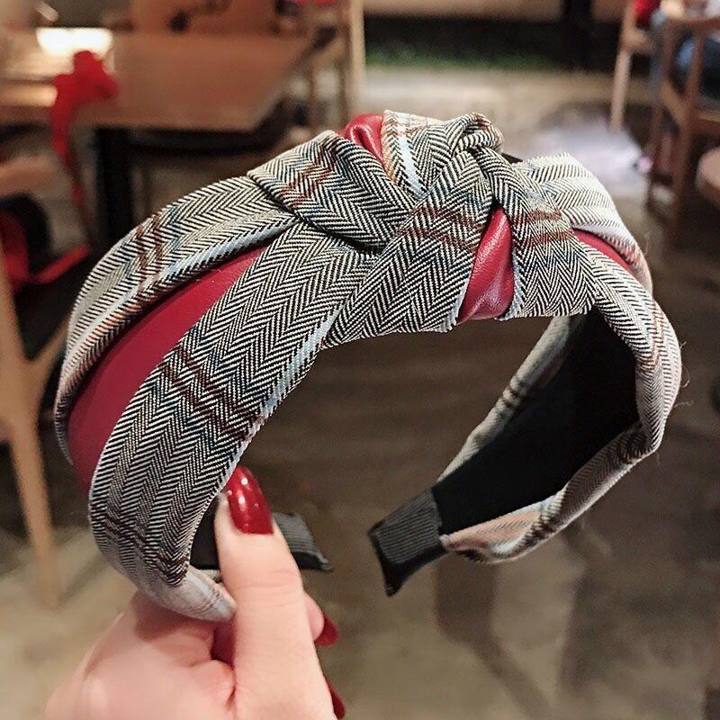 Узкая повязка на голову с узлом из ПУ и клетчатой ткани, лоскутная, заколка для волос, аксессуары для волос