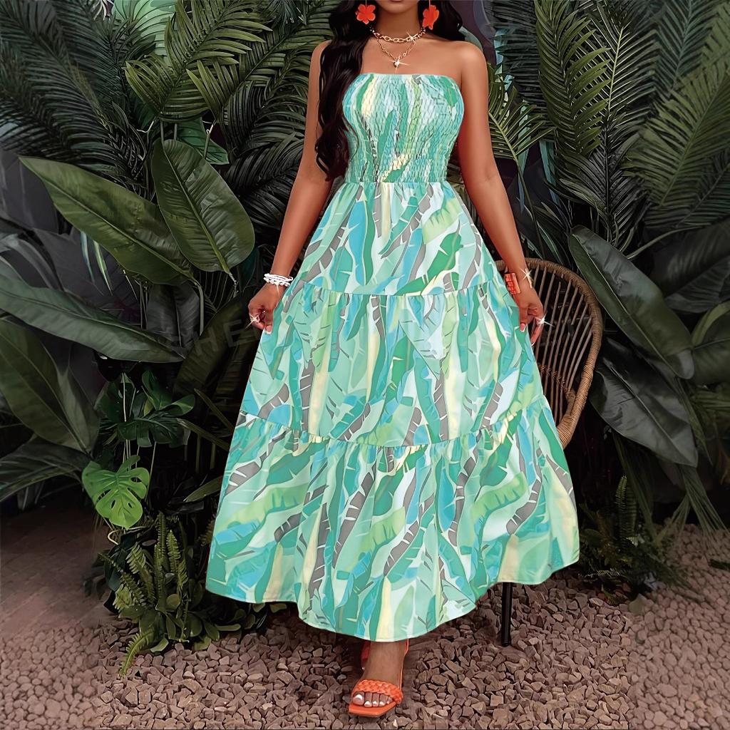 Женское сексуальное платье без бретелек с эластичной талией и принтом, длинное платье