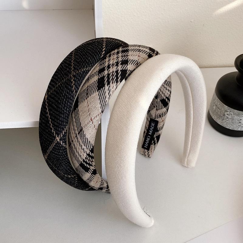 Винтажная клетчатая повязка для волос, элегантная губчатая широкая резинка для волос, обруч для волос для женщин, аксессуары для волос, повязка на голову для мытья лица, головной убор для девочек