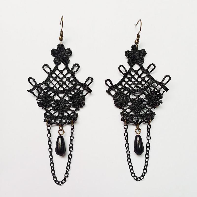 Vintage Baroque Crystal & Lace Dangle Earrings for Women - Black.