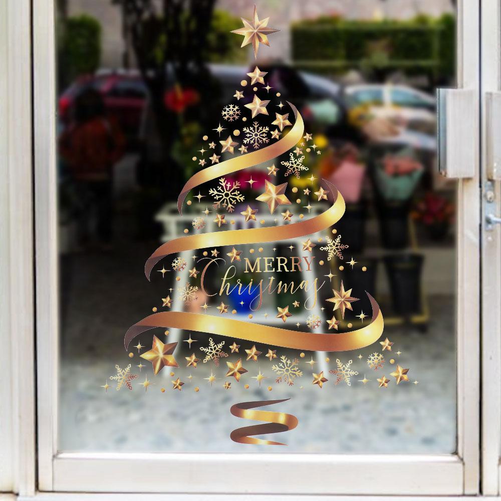 Золотые наклейки на окна в виде рождественской елки, креативный декор, настенная роспись, украшение для дома, обои, подарок