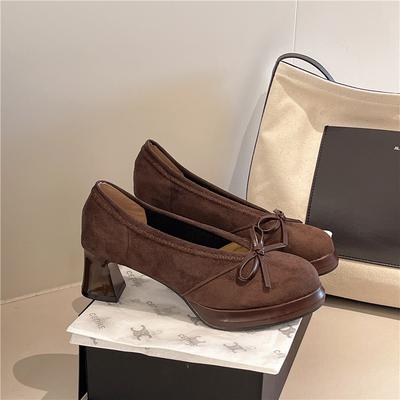 Мода 2025 Новые туфли-лодочки на высоком каблуке с замшей и бантом, одинарные туфли слипоны, легкая повседневная женская обувь, стильная и удобная