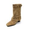 Height-increasing suede pointed thick heel knight boots women's autumn new French rivet belt buckle trouser boots