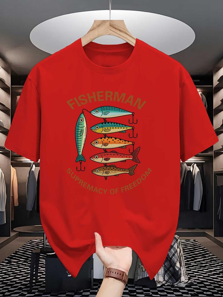 FisherUnisex Freedom Print Unisexs Crew Neck T Shirt Colorful Fish Hook Angling Graphic Short Sleeve Casual Cotton Daily Tops