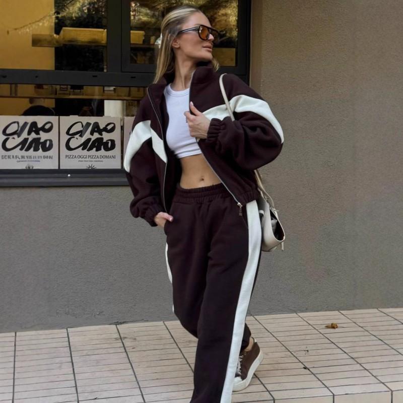 Womens Fleece Color-Block Zip-Up Hoodie Elastic Waist Pants Set Casual Streetwear Outfit