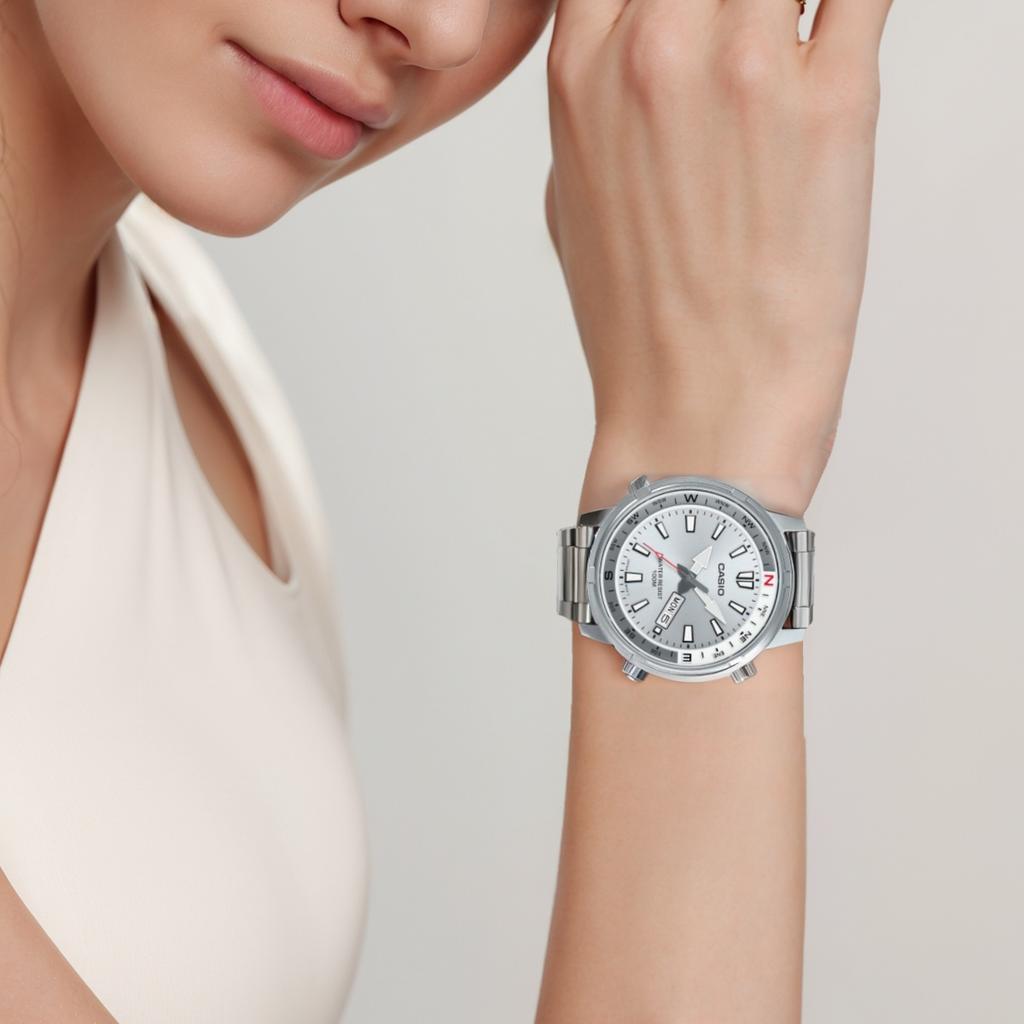 Casio Часы с кварцевым механизмом и стальным ремешком, унисекс, серебристый циферблат MTD-130D-7AV