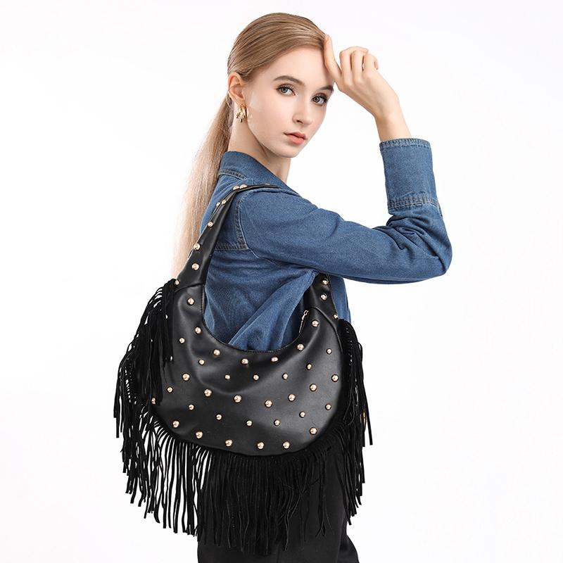 Yogodlns Модная женская сумка подмышку с индивидуальностью, ретро, с кожаной текстурой, с кисточкой и заклепками, универсальная, простая, трендовая наплечная сумка