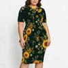 Women Plus Size Navy Blue Floral Printed Round Neck Short Sleeve Asymmetric Top Fitted Skirt Two Piece Set