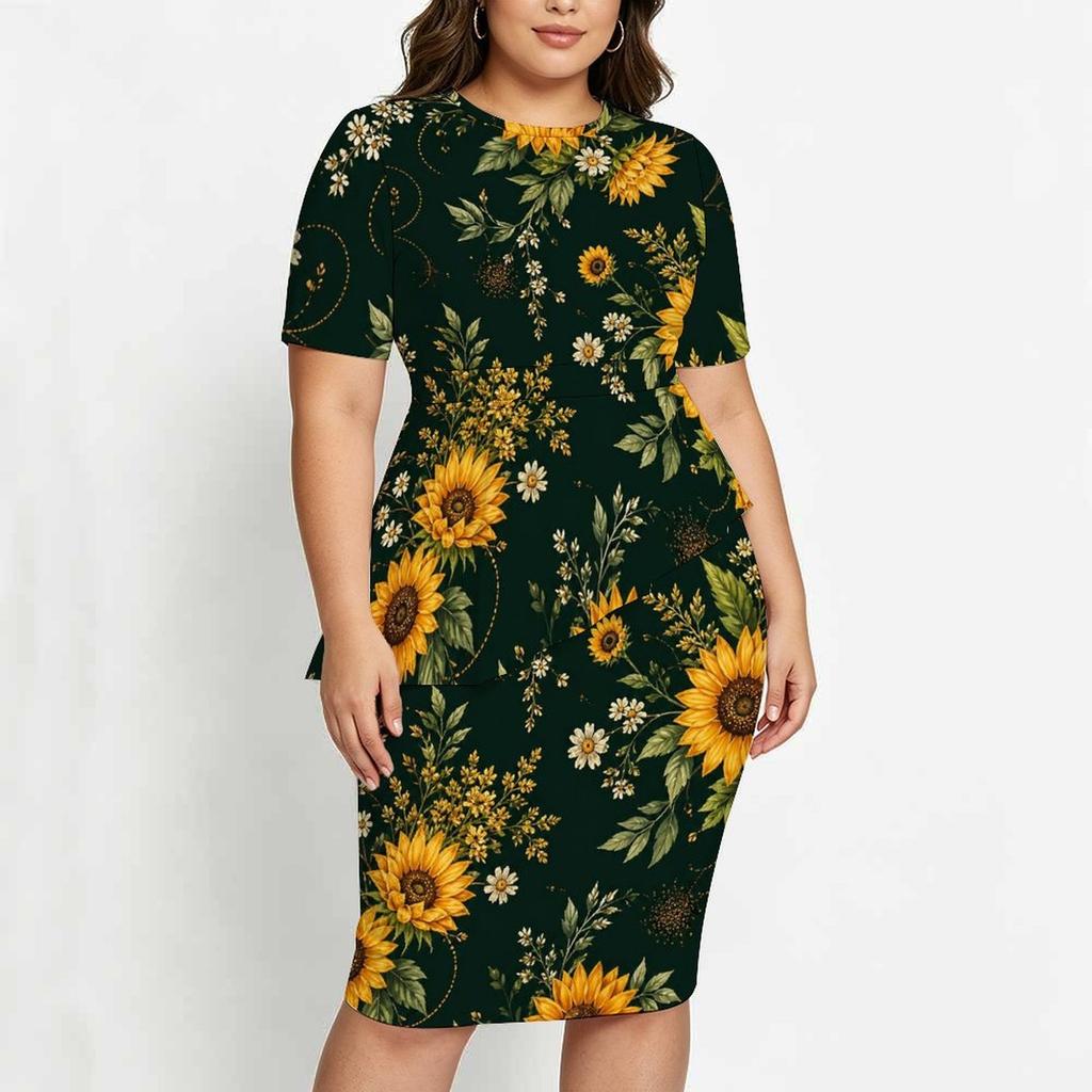 Women Plus Size Navy Blue Floral Printed Round Neck Short Sleeve Asymmetric Top Fitted Skirt Two Piece Set