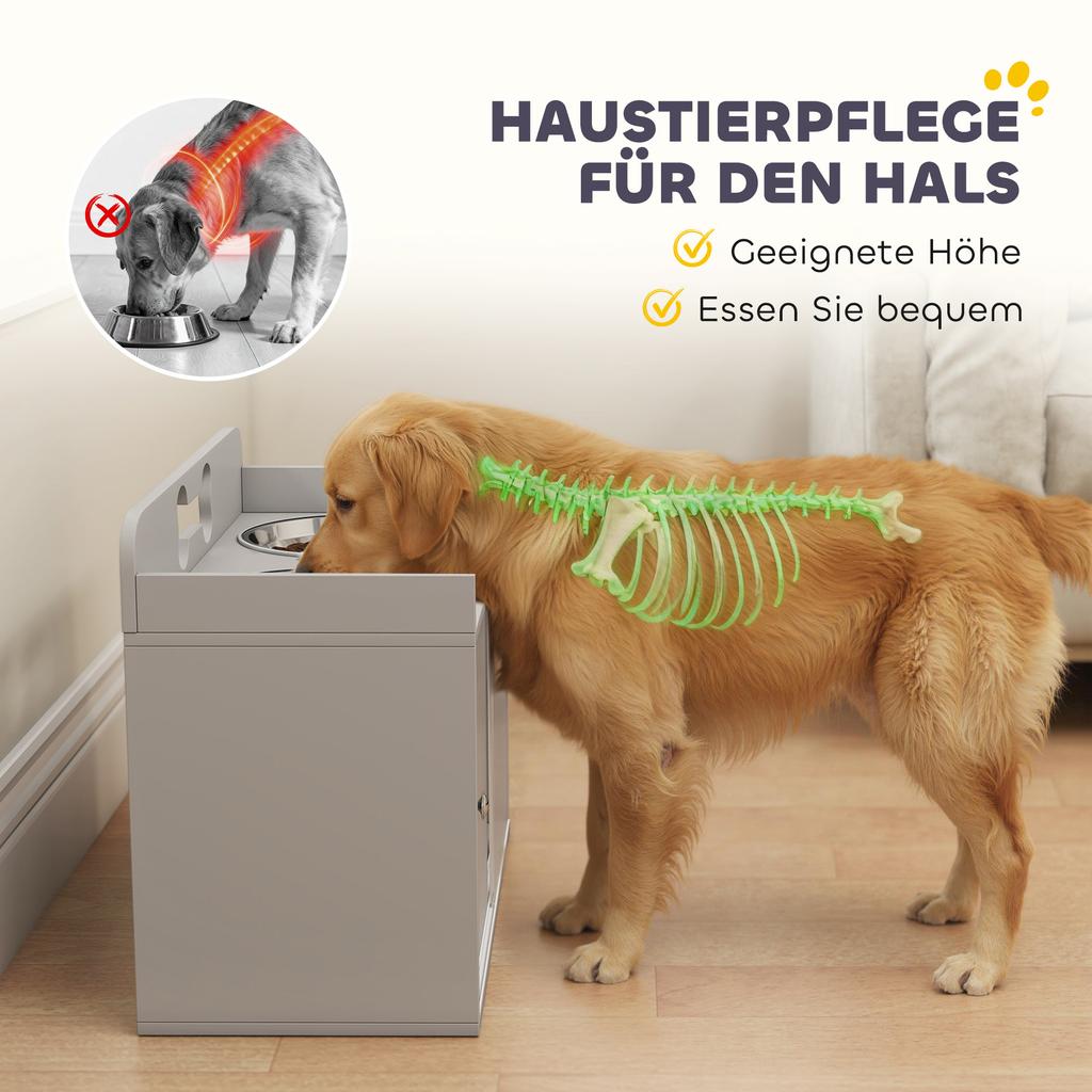Erhöhte Futterstation mit 2 Näpfen und Schrank, MDF, Edelstahl, Knochenmuster, Grau