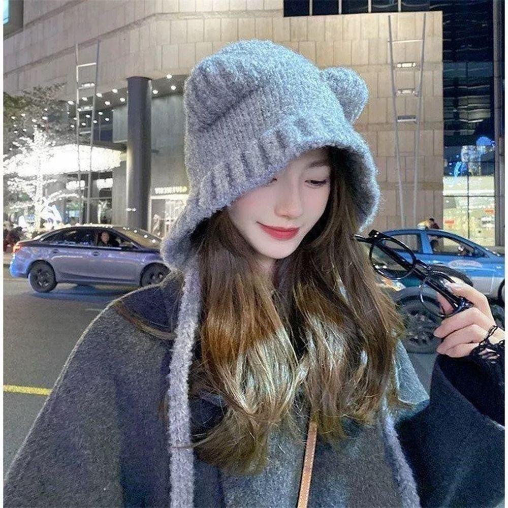 Милая плюшевая вязаная шапка с медведем Harajuku Y2K шапки-бини модная шапка с ушками медведя из овечьей шерсти для девочек