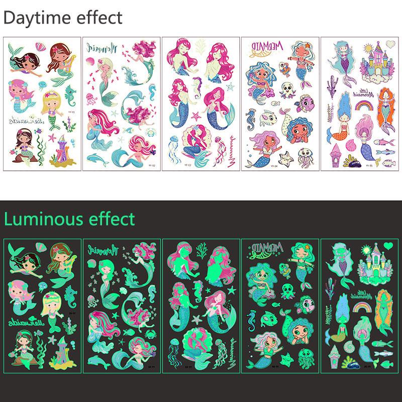 5pcs Luminous Tattoo Stickers Child Kid Temporary Fake Tattoos Glow Paste on Face Arm Leg for Children Body Art Mermaid Dinosaur