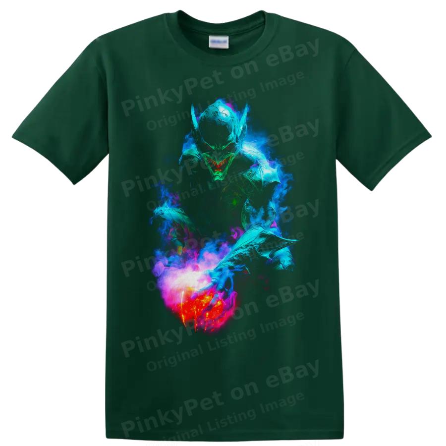 Green Goblin Superhero T Shirt w/ Pumpkin Bomb Neon Graphic Art Glow Tee