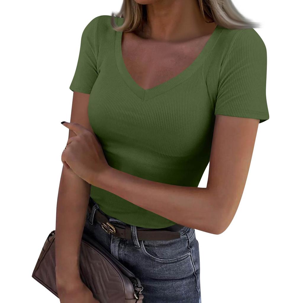 Ladies Slim Bottom T-shirt Fashion Casual Solid Colour V-Neck Pullover Short Sleeve Top