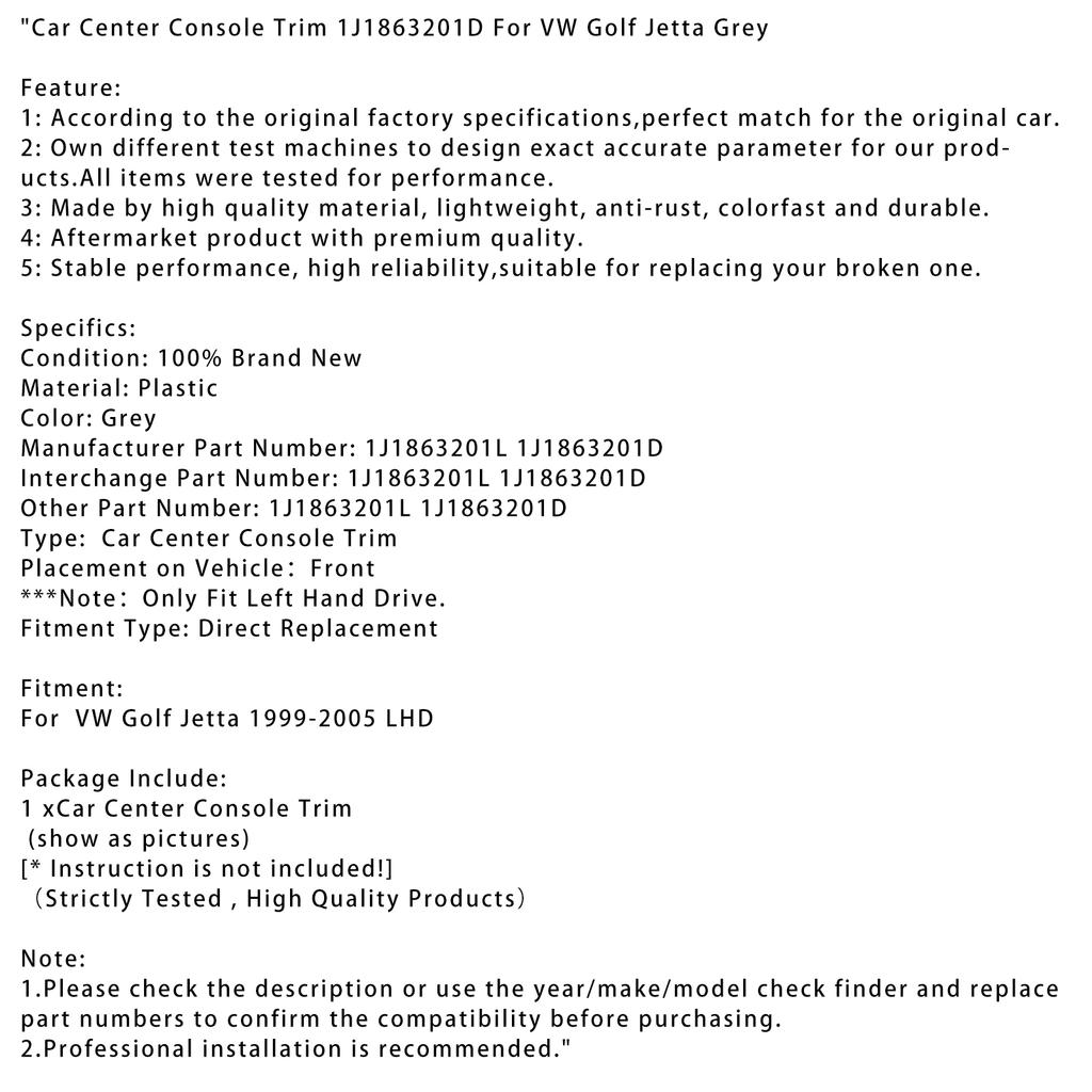 Car Center Console Trim 1J1863201D For VW Golf Jetta Grey