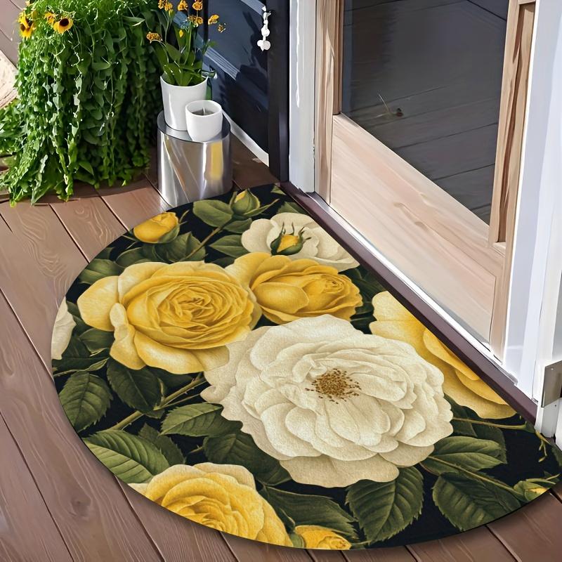 1Pcs Yellow White Rose Semi Circle Welcome Doormat Non-Slip for Outdoor Patio Porch Kitchen Bathroom Entryway Floor Mat
