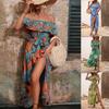 Summer Ruffled Lace-up Waist Split Sexy Dress for Women Fashion Slash Neck Print Beach Casual Dresses Women High Waist Slim Vintage Lady Dress 24477