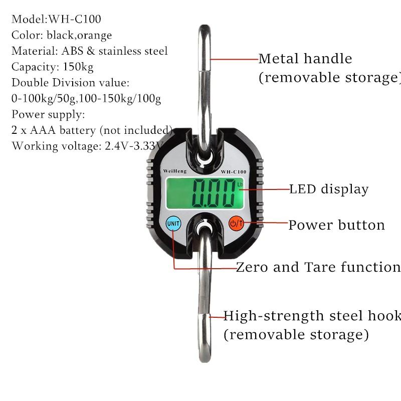 150kg C100 Crane Scale Electronic Stainless Steel Hanging Hook Scale Luggage Mini Scales LCD Digital Loop Weight Balance