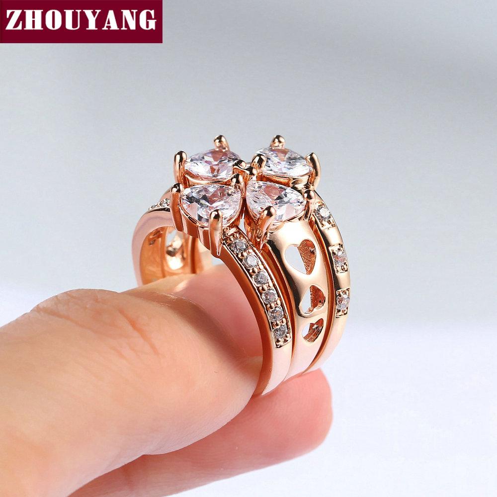 Luxury Lucky Clover Ring Sets For Women Sweet heart Wedding Cubic Zirconia Rose Gold Color 3 PCS Fashion Jewelry R673
