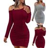 Женское осенне-весеннее платье вязаное на одно плечо облегающее эластичное с косым вырезом однотонное с завышенной талией не дающее усадку с длинным рукавом мини