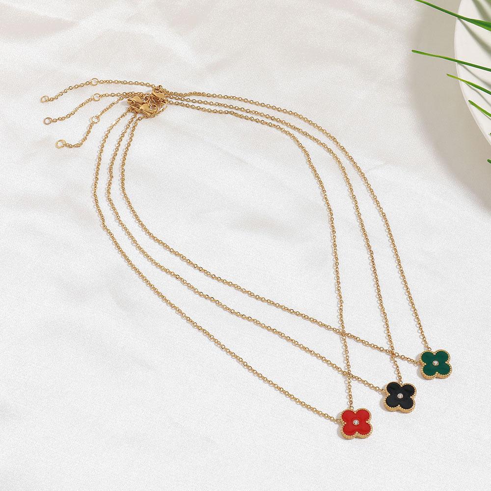 GEMCHIC Women's Four-Leaf Clover Enamel Stainless Steel Necklace with Gold Plating and Rhinestone Pendant