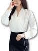 LUXIA FILL Women's Draped V-Neck Blouse/Shirt, Satin, Loose Fit, Long Sleeves (XL, White)
