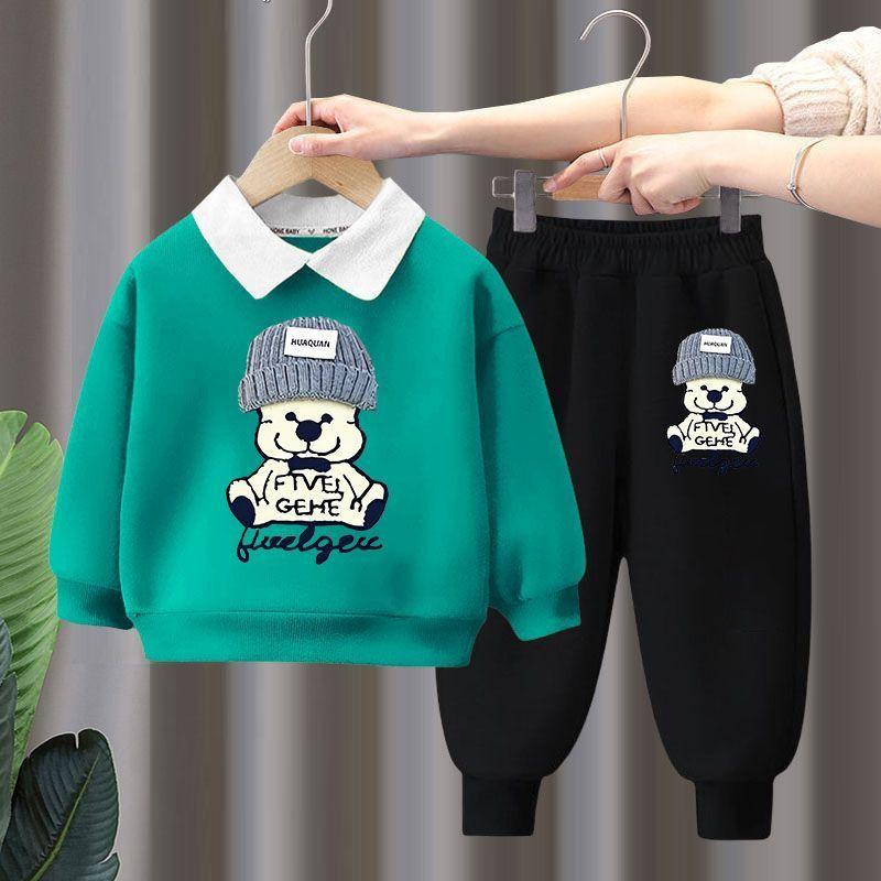 Детская одежда для мальчиков и девочек, осенний комплект из 2 предметов: свитер с длинным рукавом и брюки, спортивный костюм с отложным воротником, детский спортивный костюм с медведем