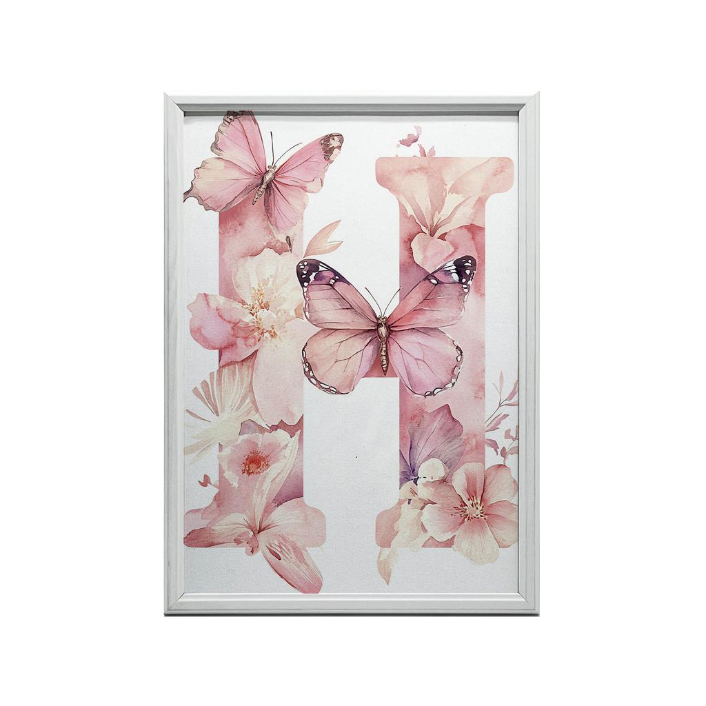 Romantic Letter H With Flowers And Butterflies Poster Romantic Letter H With Flowers And Butterflies Poster, 50X70 Cm, Black Aluminum Frame, 230 Gsm Matte Paper