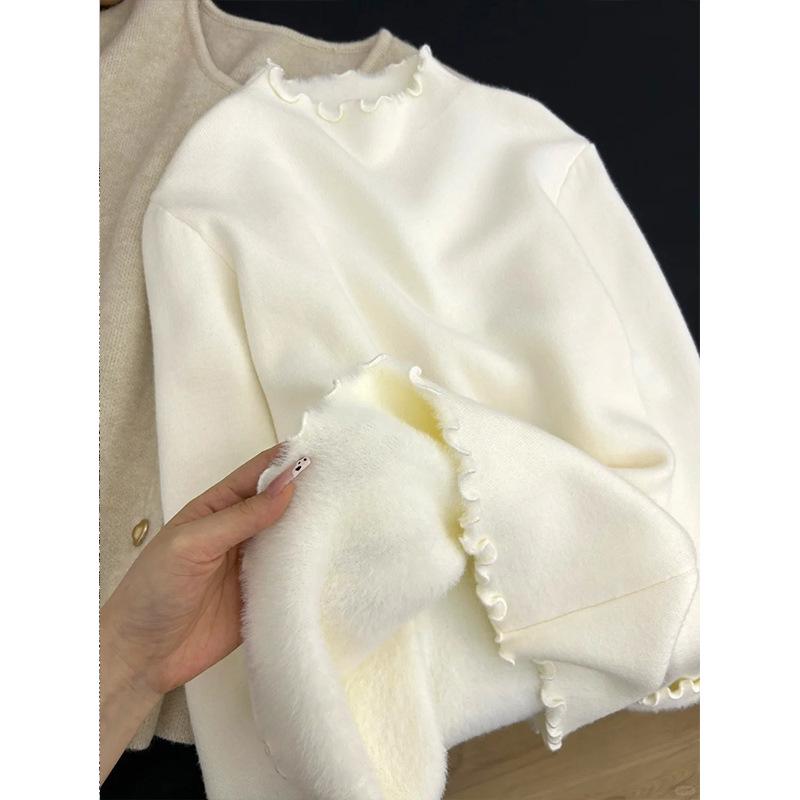 Женский зимний вязаный свитер с флисовой подкладкой и оборками, с полувысоким воротником