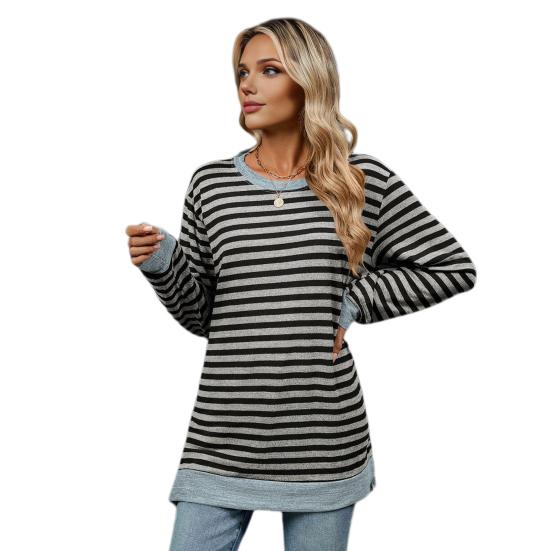 Женские топы с круглым вырезом, длинными рукавами, полосатым принтом, футболка с боковыми разрезами, средней длины, свободный крой, эластичная футболка