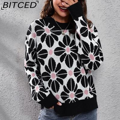 Жаккардовый свитер с цветочными манжетами для женщин, свободный трикотаж соответствующего цвета с длинными рукавами для весны и осени для женщин