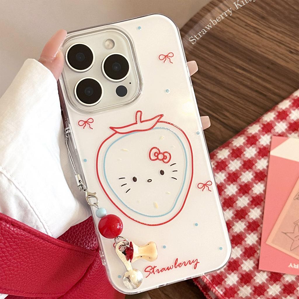 Cute Strawberry Cat Apple 16 Mobile Phone Case Applicable To 17pro Max Pendant IPhone 13 Hard 14 Korean