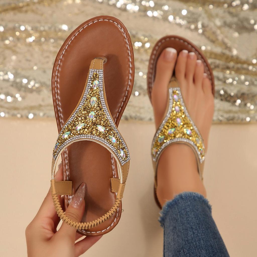 Fashion Fashion Rhinestone Bohemian Sandals Women 2025 Summer Clip Toe Flats Beach Sandles Woman Non Slip Elastic Band Sandalias Mujer