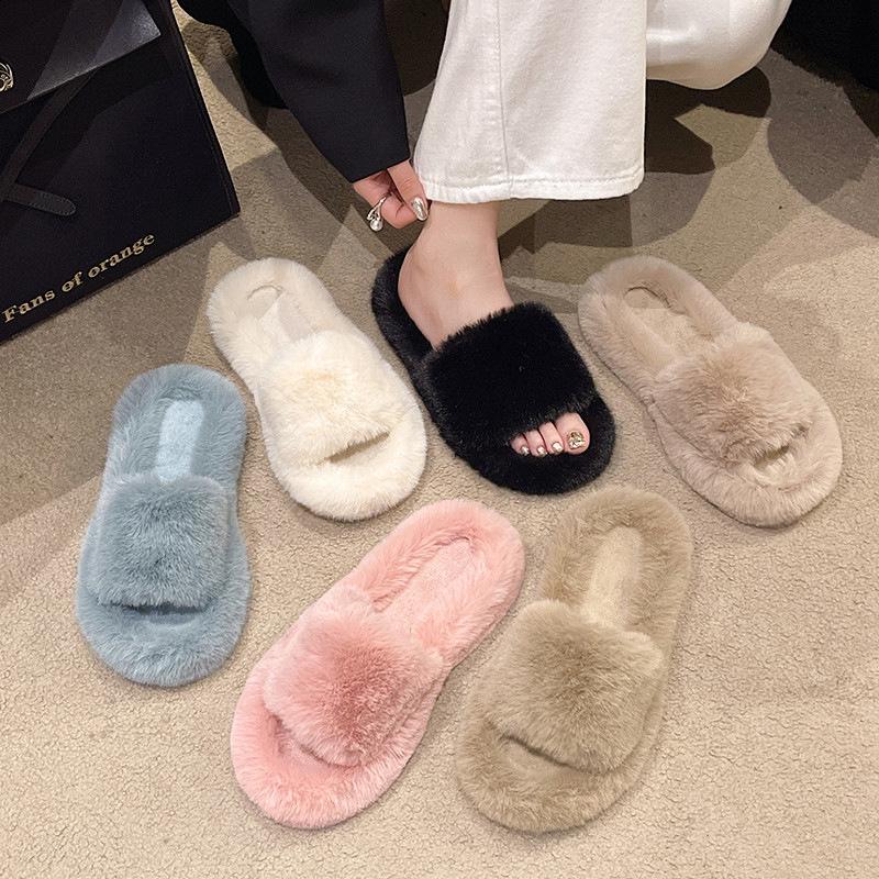 Foreign Trade Large Size Flat Bottom Fluffy Slippers Women's Outer Wear 2024 Autumn and Winter Fashion Home One-word Slippers Foreign Trade