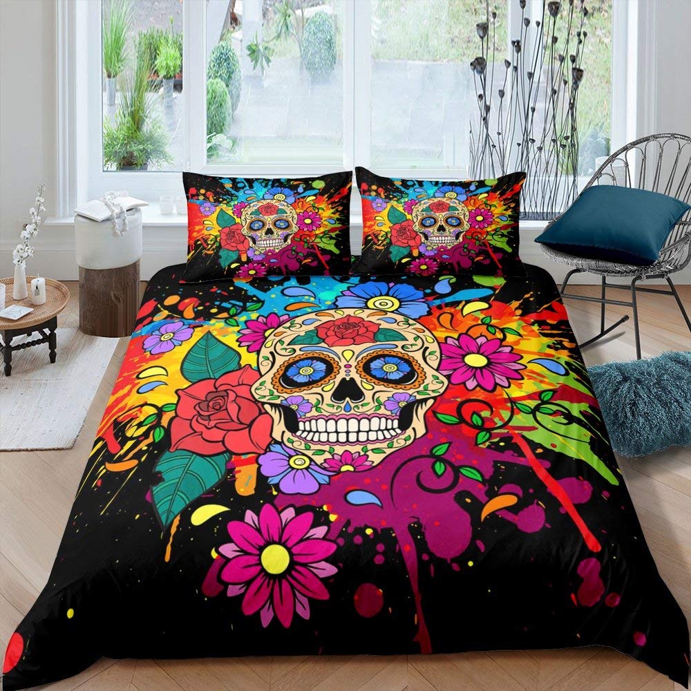 Yellow Sugar Skull Print Home Bedding Sets Duvet Cover Pillowcase Microfiber King Queen Double Twin Polyester Comforter Cover