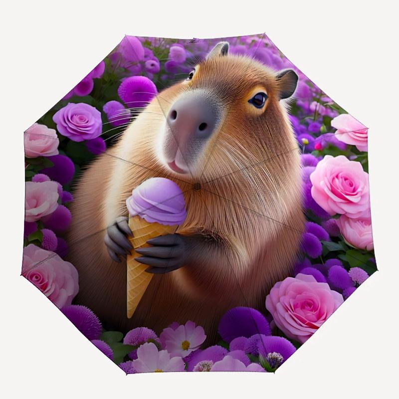 1 шт. КапибараАвтоматический Складной Зонт с Открытием/Закрытием, Компактный Портативный Дорожный Зонт, Идеальный Подарок на День Рождения/Праздник, Милый Зонт y035