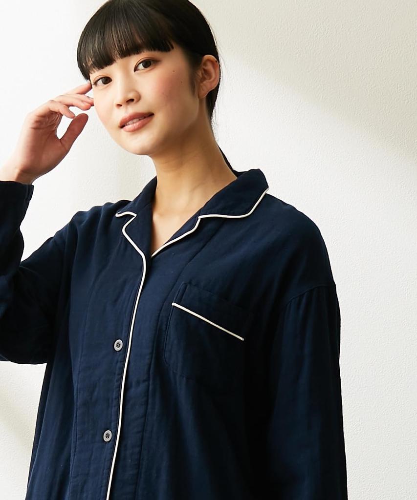 Пижама и домашняя одежда марлевая хлопковая пижама с воротником и застежкой спереди 4L [Nissen] комплект, 3-слойная 100% распашная, темно-синий,