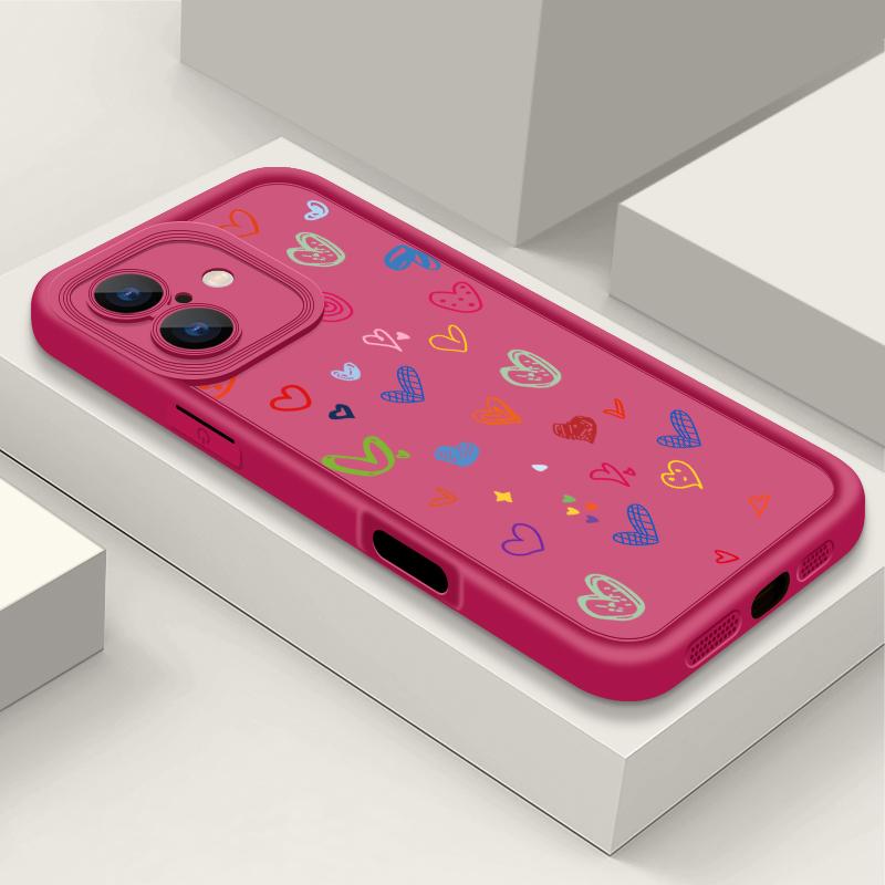 Cartoon Love Hearts Pattern Shockproof Phone Case for iPhone 16 15 14 Plus 13 12 11 Pro Max Xs Xr 8 7 Matte Tpu Soft Lens Protection Anti-Fall Cover