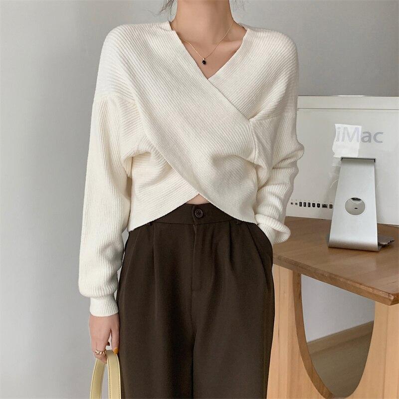 Осенний свободный женский вязаный свитер с v-образным вырезом, винтажные офисные женские пуловеры, свитера, женские зимние корейские нерегулярные трикотажные изделия 28576