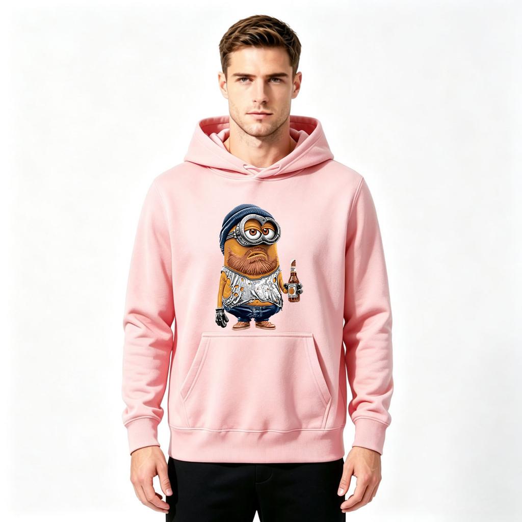 Men's Printed Pullover Hoodie, Funny Bearded Minion Graphic Casual Long Sleeve Hooded Sweatshirt