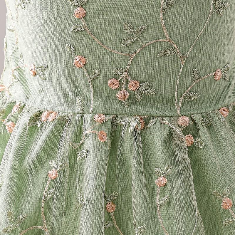 Girls Green Rose Embroidered Tulle Dress Kids Short Sleeve Princess Birthday Party Performance Wear