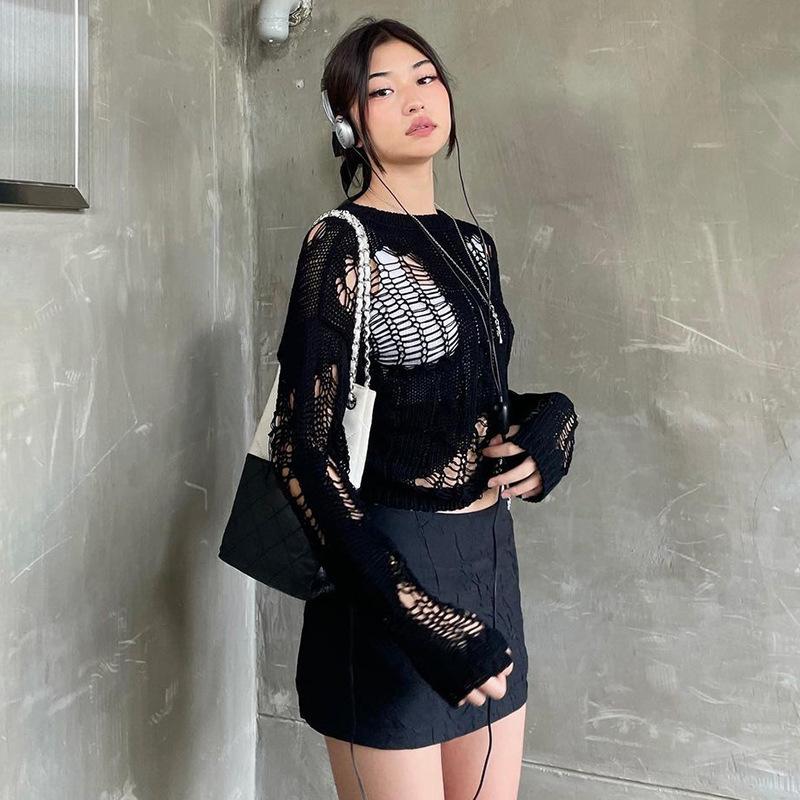 Women Hollowed Knitted Sweater Smock Female Personality Loose Outer Wear Sweater Tops