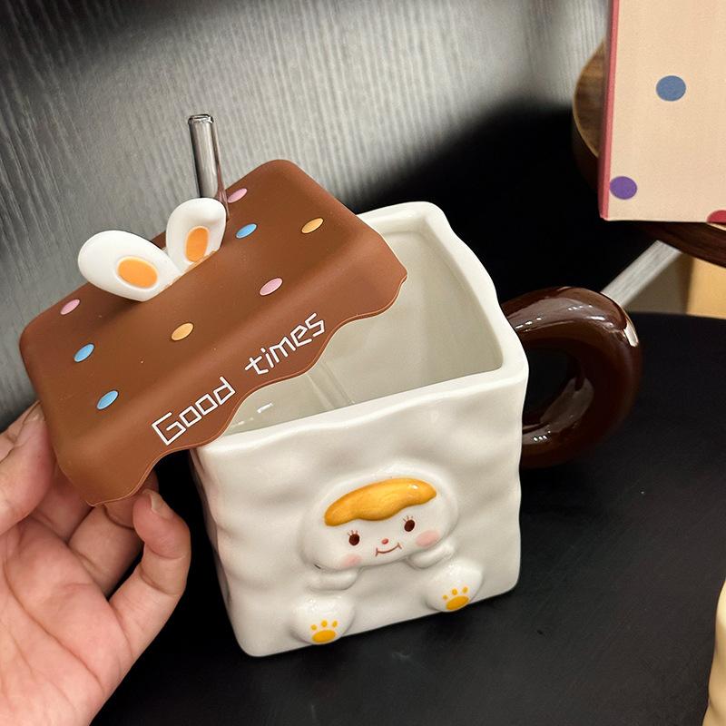 Cute Rabbit Ceramic Mug With Lid Pink Cute Water Cup Girl Heart Household Milk Straw Cup Souvenir